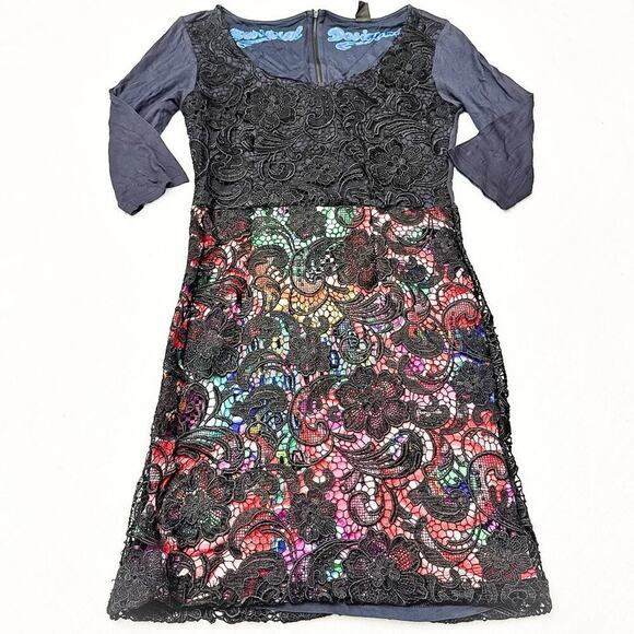 Desigual Floral 3/4 Sleeve Dress Flower Lace Overlay Pattern M37V2881 Size L - Picture 1 of 6